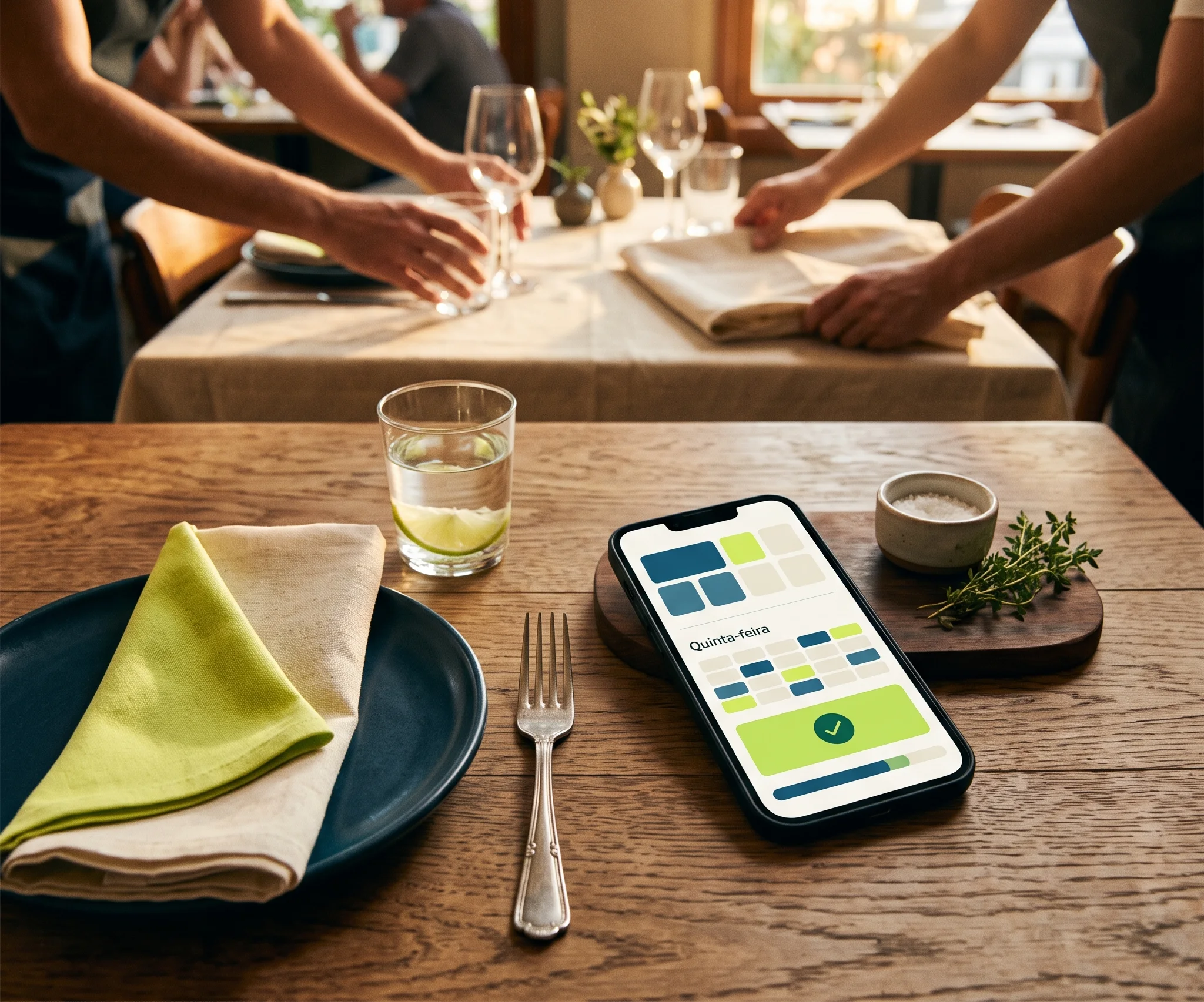 Mesa de restaurante com celular exibindo disponibilidade de reservas